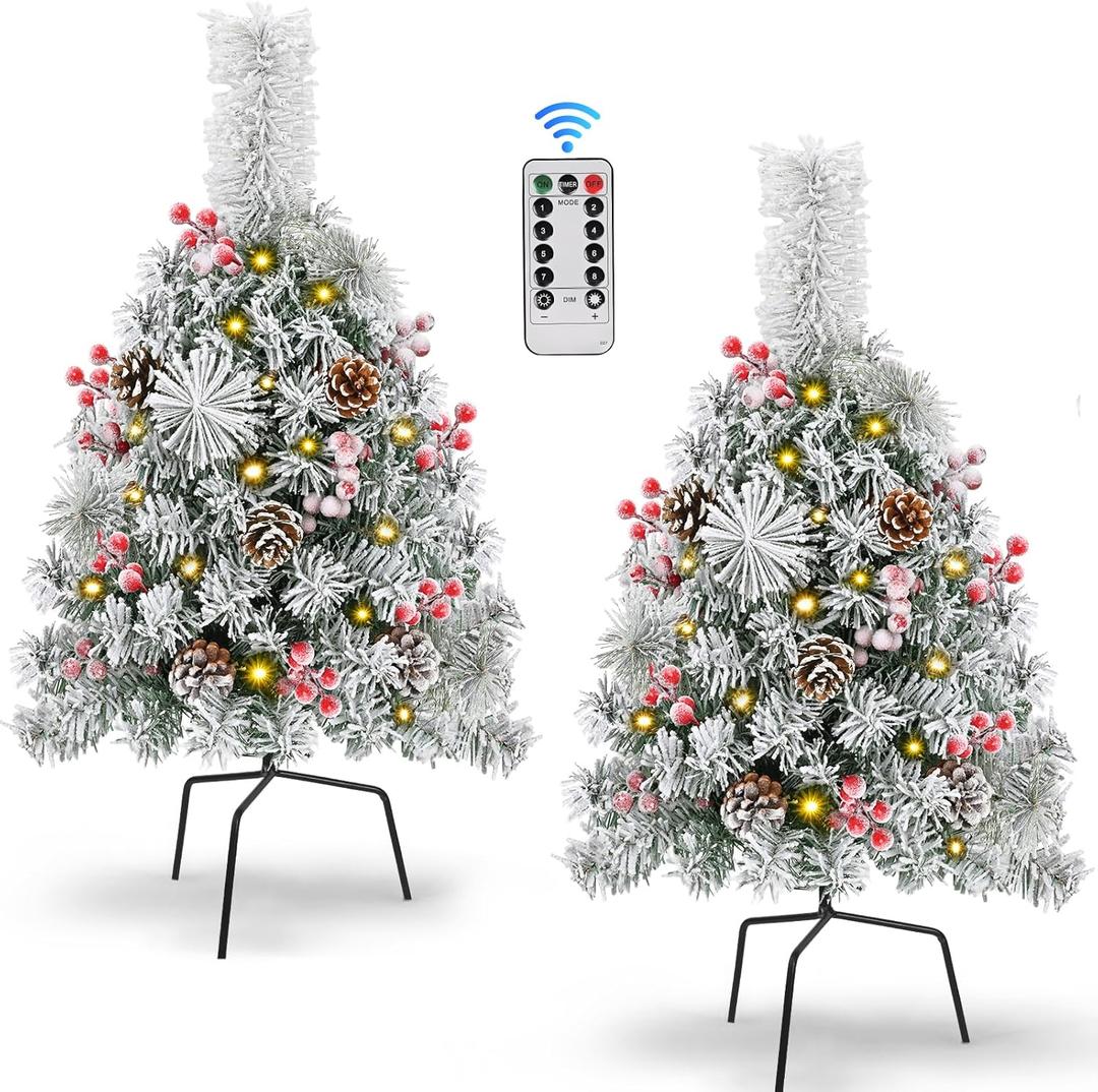 Waipfaru 2 Pack Prelit Outdoor Christmas Trees for Porch, 24.5" Small Christmas Tree with Lights Pr, Urn Filler Front Porch Decor with Remote, Christmas Porch Decorations for Home & Yard (White)