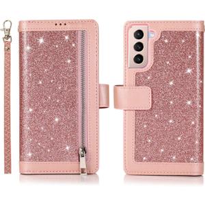 EYZUTAK Wallet Case for Samsung Galaxy S21 FE, Magnetic Handbag Zipper Pocket PU Leather Flip with 9 Card Slots and Wrist Strap Folio TPU Inner Stand Case - Rose Gold