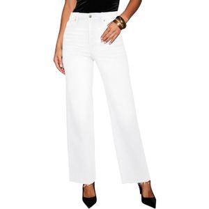 Yewfirm Wide Leg Cropped Jeans for Women White High Waisted Jeans Straight Leg Womens Mid Rise Tummy Control Pants Frayed Hem Baggy Jean Size 10