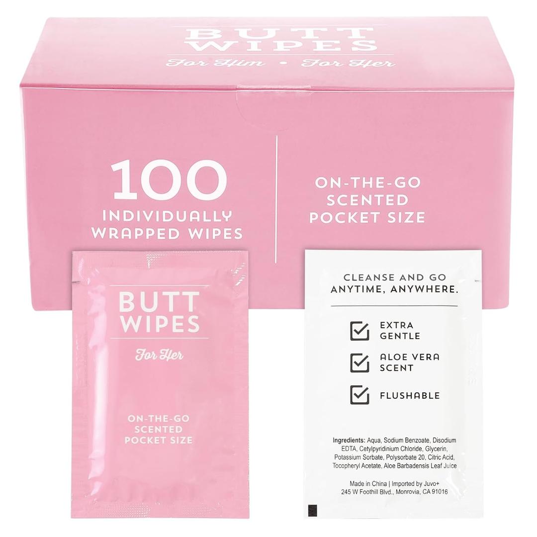 BLUE PANDA 100 Pack Wet Travel Butt Wipes, Flushable Wipes Individually Wrapped for Adults (Aloe Vera Scented), Pink
