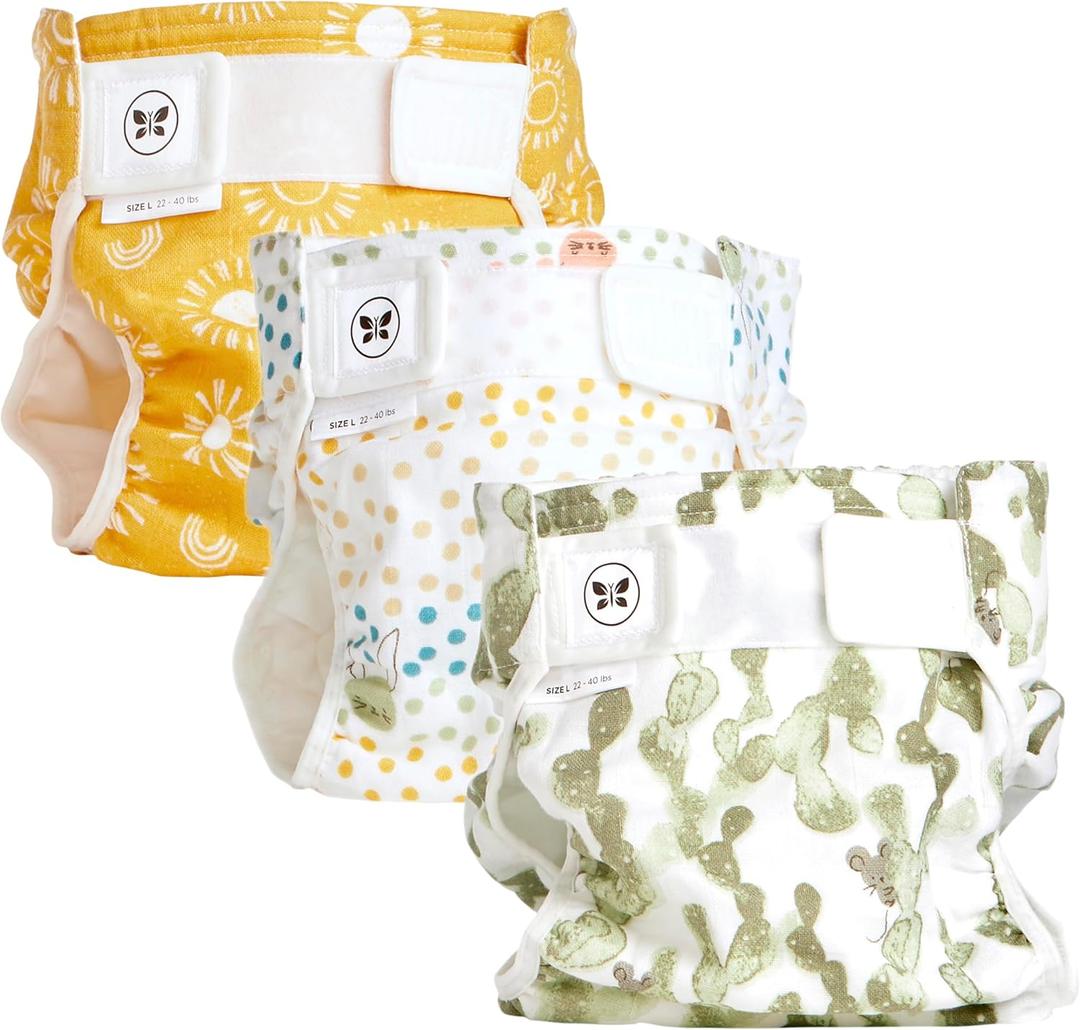 Honest Hybrid Cloth Diaper Covers with Pocket-Sling, Large (22-40 lbs), Stops Nighttime Leaks, Use with Boosties Disposable Diaper Pad or Reusable Insert, 3 Pack of Cotton Muslin Covers