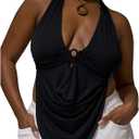 Floerns Women's Plus Size 3D Floral Draped Halter Tops Sleeveless Tie Open Back Tank Top (Black, XXL)