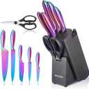 WELLSTAR Rainbow Knife Set 8 Pieces, Iridescent German Stainless Steel Kitchen Knives Set with Wooden Block, Colorful Titanium Coating, Chefs Knife Block Set with Scissors and Built-in Sharpener