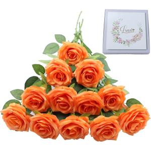 12pcs Artificial Rose Flower Orange Rose Orange Flower with Long Stem Silk Roses Bouquet for Wedding Bridal Shower Party Home Decoration