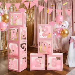 2026 Prom Balloon Boxes Decoration, 4 Pcs Pink Clear Grad Balloon Boxes with Letters Graduation Hat Card Column Standup Photo Booth 2026 Prom Backdrop for Senior High Graduation Decoration