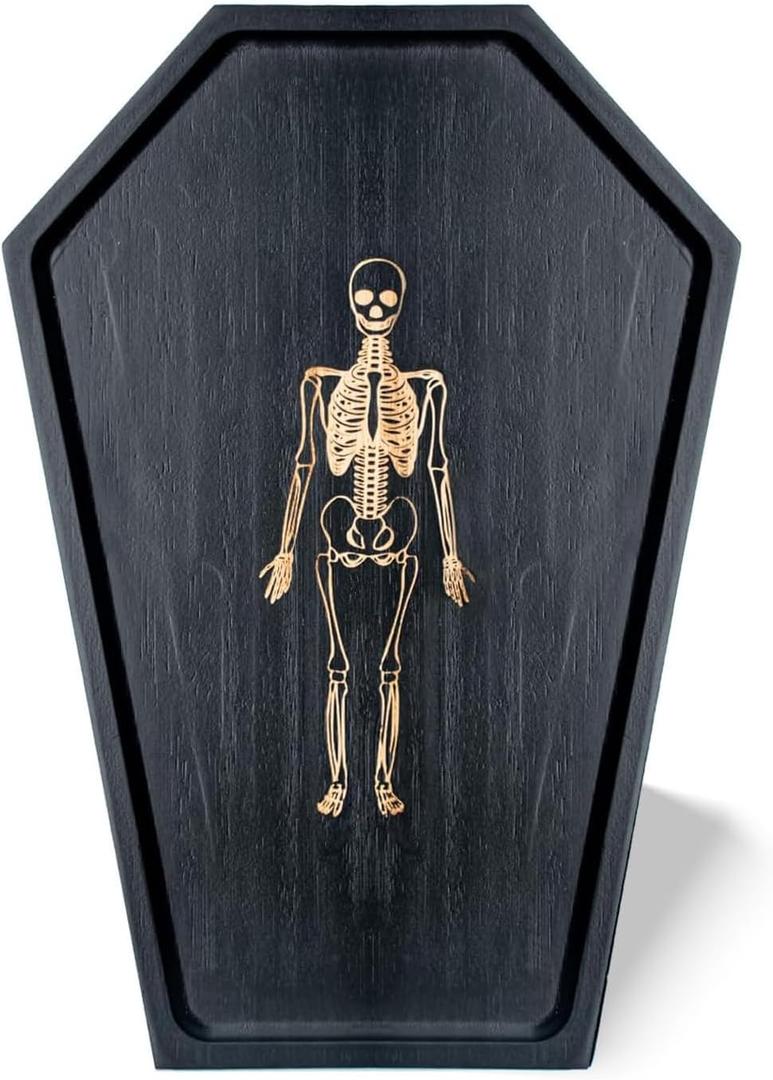 Halloween Decorations Coffin Charcuterie Board in Bamboo Wood with Macabre Skeleton Design - Gothic Theme Trays for Spooky Snacks and Appetizers (15.6" x 11" x 0.8")
