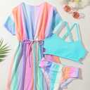 Girls Bikini Set 3 Piece - Striped Multicolored Swimsuit with Quick Dry Cover Up - Bathing Suit for Kids 6-14 Years