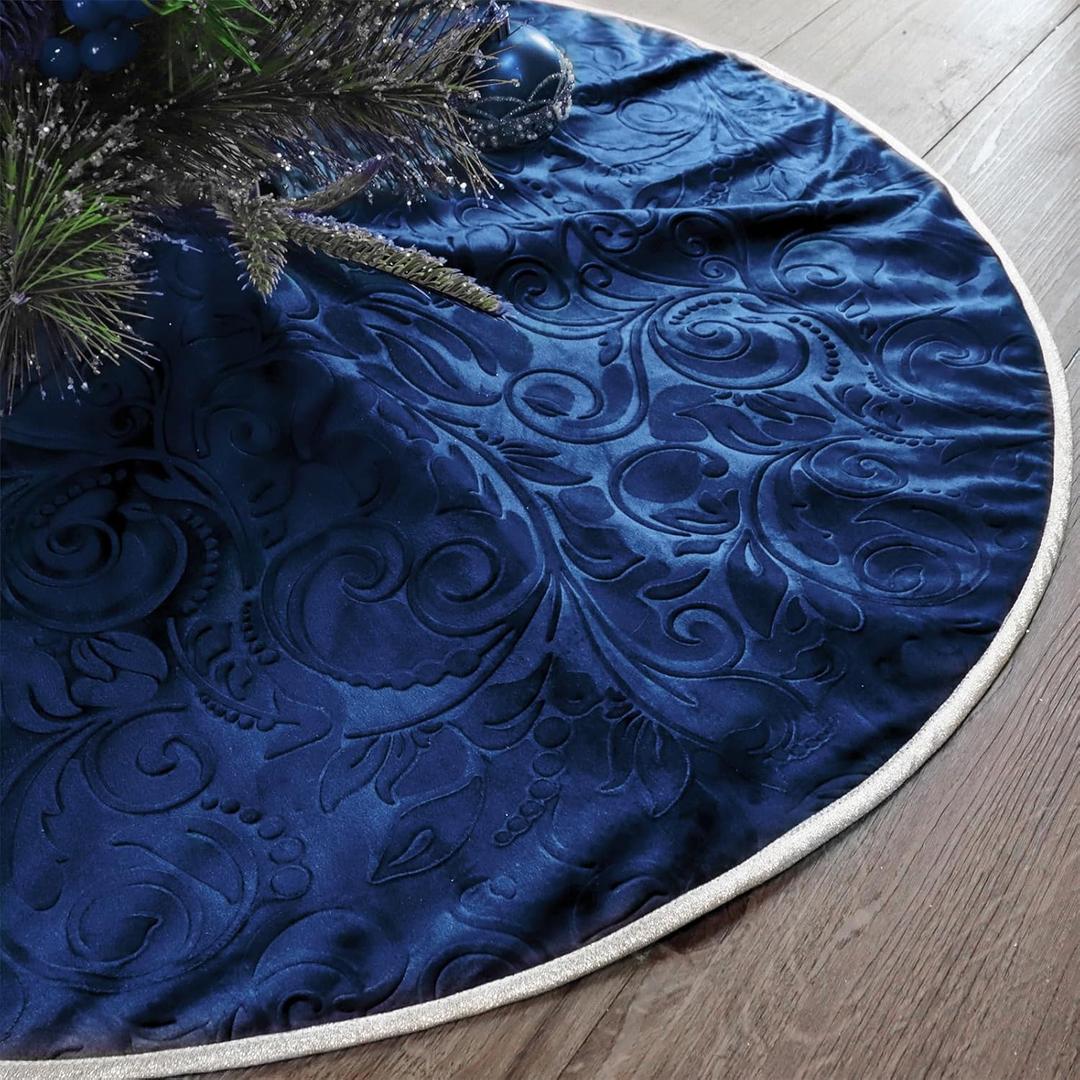 Bunny Chorus Christmas Tree Skirt: 36 Inch Blue Silver Luxury Velvet Plush Fur Christmas Tree Skirts with Embossed Floral Pattern, Vintage Royal Xmas Tree Holiday Decorations for Christmas Home Decor