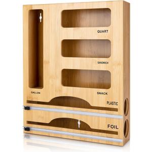 Storage Bag Organizer with Foil and Plastic Wrap Organizer , Aluminum Foil Dispenser with Cutter, Bamboo 6 in 1 Baggie Organizer Suitable for Gallon, Quart, Sandwich, Snack