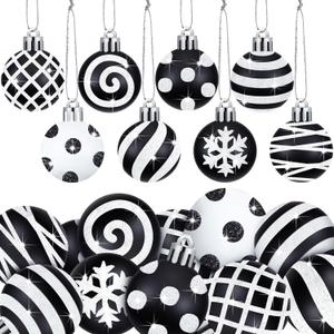 Realspring 24 Pcs Christmas Ball Ornaments Black and White Christmas Tree Decoration Ornaments 2.36 Inches Glitter Plastic Stripe Dot Snowflake Hanging Decoration for Home Indoor