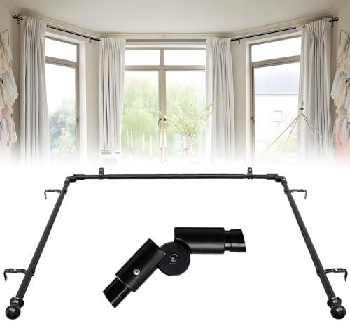 3 PCS Bay Window Curtain Rods 1 Inch Heavy Duty Metal Corner Curtain Rod for Windows 59-184” Adjustable U Shaped Curtain Rod with Decorative End Black