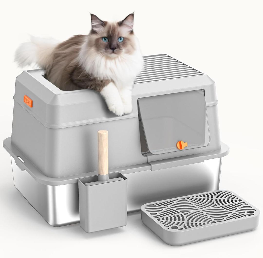 Removable Stainless Steel Cat Litter Box with lid, Side & Top Entry Kitty LitterBox，Cat Litter Box Enclosure, XL Extra Large High-Sided Metal Cat Box with Scoop, Footboard（Grey）