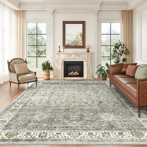 Washable 9x12 Area Rug - Soft Large Rugs for Living Room Thin Stain Resistant Vintage Carpet for Bedroom with Non Slip Backing for Bedroom Dining Room Home Decor (Ivory/Grey,9'x12')