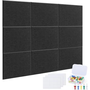 Large Cork Board Alternative - 36 x 36 Reusable Felt Wall Tile with 45 Safe Removable Adhesive Tabs 30 Push Pins, Alternative Cork Board for Walls Home Office (Black 9 Pack)