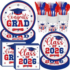 Funnymoom 400 Pcs Graduation Party Supplies Class of 2026 Graduation Paper Plate Napkin Cup Cutlery Congrats Grad Disposable Tableware Set for Grad Party Decorations, Serve 50 (Blue, Red)