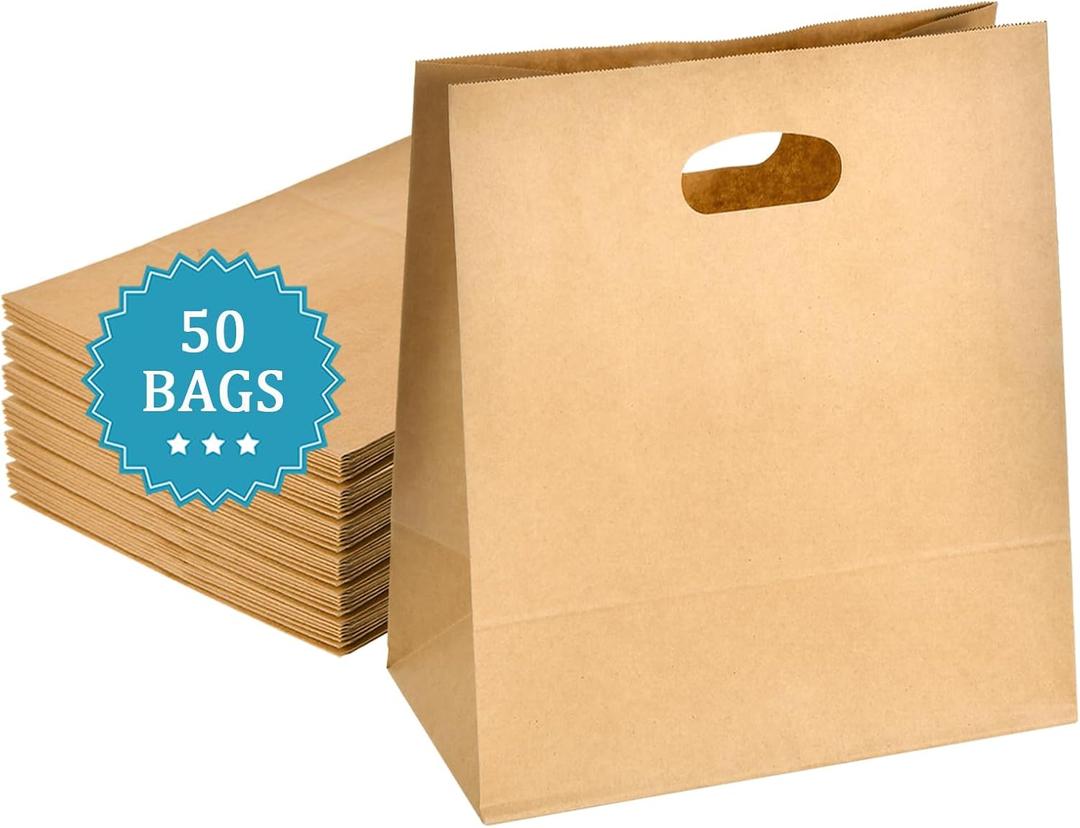 COGLARING 50Pcs 11x6x11 Brown Kraft Paper Bags with Handles, Die Cut Tote Bulk for Retail Shopping Takeout Bakery Gift Bags