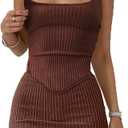 CHYRII Womens Sexy Summer Two Piece Outfits Square Neck Going Out Crop Top Bodycon Skirt Sets Mini Dress (Medium, Coffee)