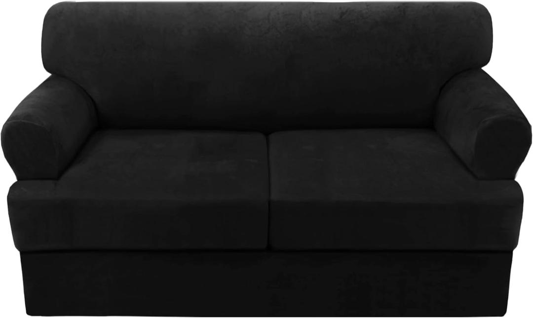 H.VERSAILTEX Sofa Cover 3 Piece T Cushion Loveseat Slipcovers Thick Velvet Couch Cover Furniture Protector Stretch T Cushion Sofa Covers for 2 Cushion Couch with 2 Individual T Cushion Covers, Black