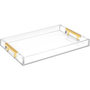 Modern 16"x12" Rectangle Acrylic Lucite Plastic Decorative Serving Tray with Gold Polished Stainless Steel Metal Handles Home Decor Ottoman Coffee Table Makeup Perfume Display Vanity By Home Redefined