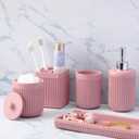 Resin Pink Bathroom Accessories Set 5 Pcs, Lotion Soap Dispenser, Toothbrush Holder, Bathroom Tumbler, Qtip Holder and Vanity Tray, Bathroom Countertop Organizer Set for Modern Home Apartment