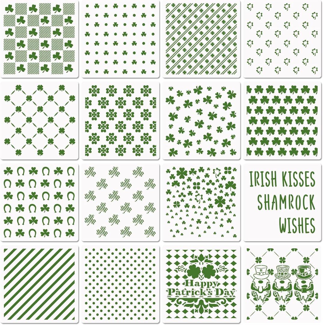6in Shamrocks Cookie Stencils for Royal Icing, St Patrick's Day Green Shamrock Clover Gnome Stencils for Sugar Cookie, 16 Pcs Assorted Sizes Irish Template for Baking Drawing Dessert Coffee Decor