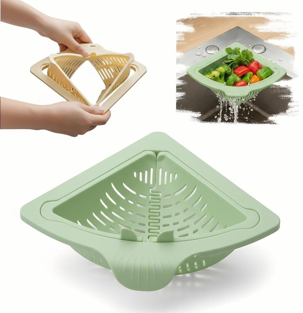 Magnetic Drainage & Filter Basket, Triangular Sink Strainer with Twist-Open Bottom, Kitchen Sink Corner Rack for Draining & Storage, Punch-Free Installation, No Tools Needed (Green)