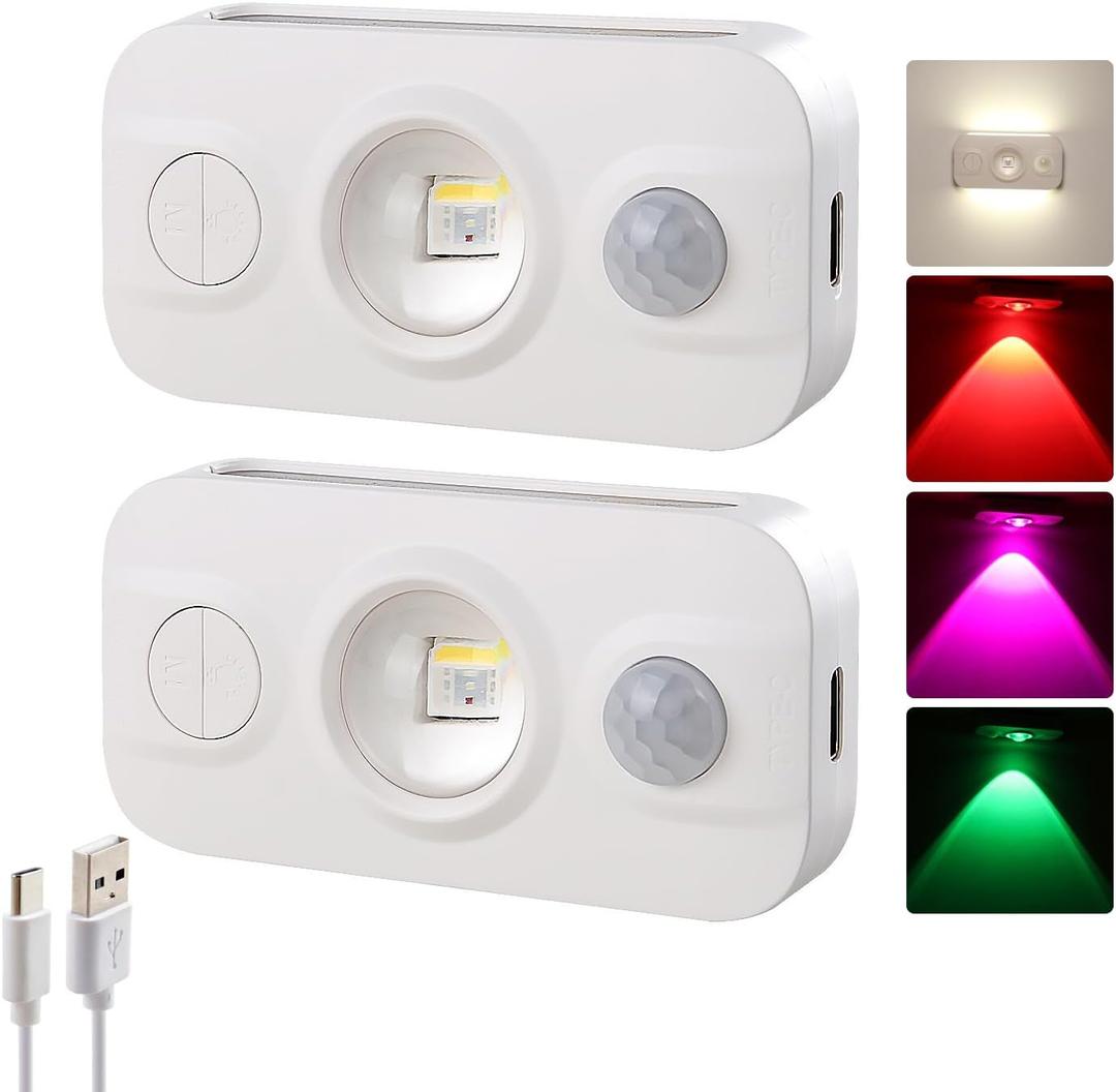 DAMI Motion Sensor Step Light with 7 Colors, USB Rechargeable, Dimmable Warm White Night Light for Bedroom, Kitchen, Staircase, Cabinets 2 Pack LED Cabinet Lighting, 600mAh Battery
