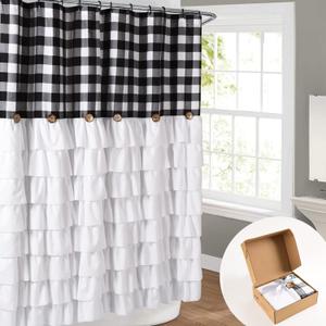 Farmhouse Ruffle Shower Curtain with Handmade Vintage Buttons, Country Buffalo Plaid Fabric Black and White Shower Curtains for Master Bathroom, Bathroom Decor Shower Curtain with 12 Holes,72" x 72"