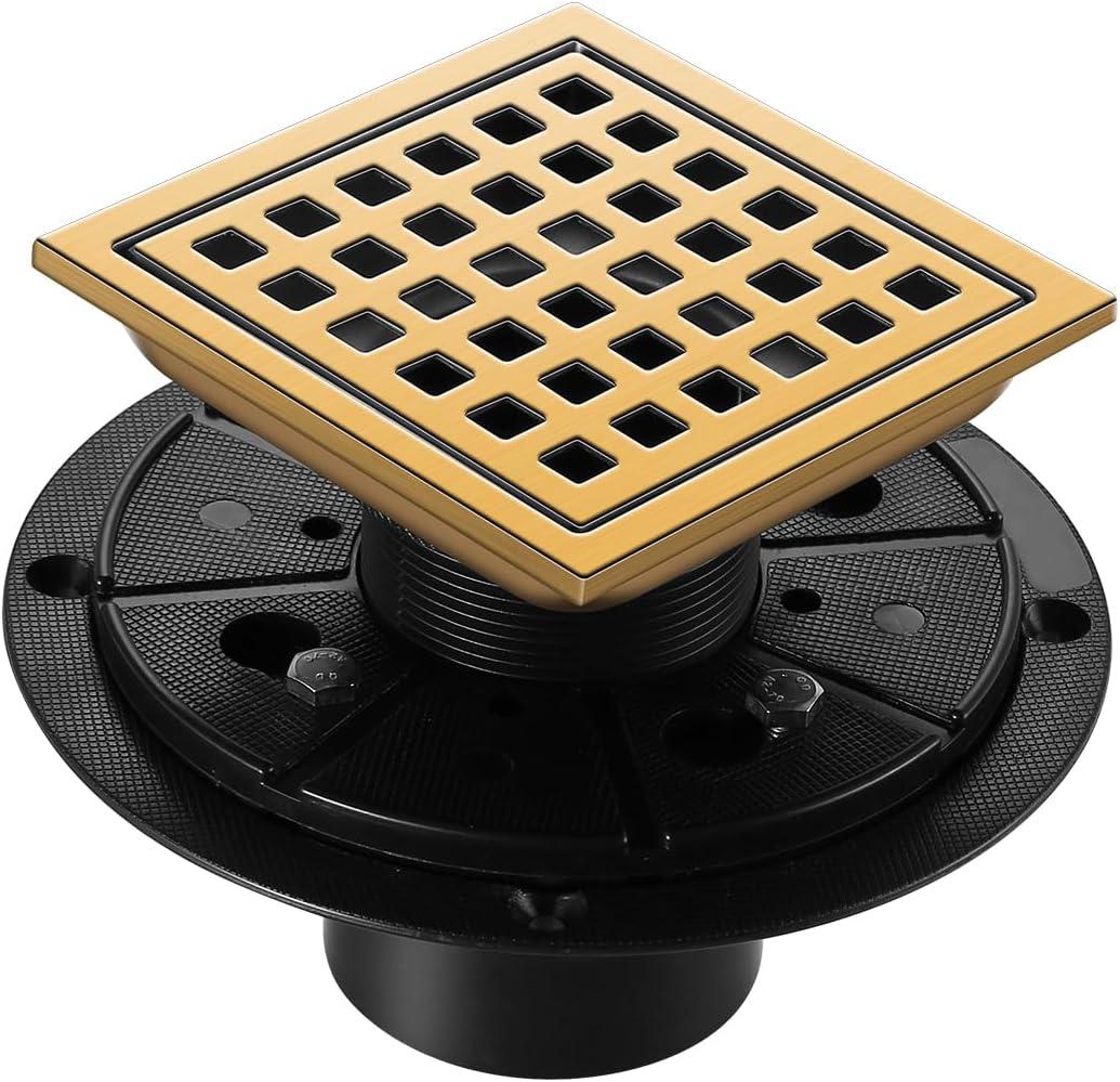 Shower Drain, Brushed Gold 4 inch Shower Floor Square Drain with Flange, Removeable Grid Panel SUS 304 Stainless Steel Square Shower Drain