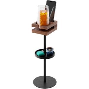 Drink Table for Small Spaces - Slim Pedestal Side Table with Real Wood Top & Stable Base for Coffee & Cocktails - Ideal for Tight Living Room & Bedroom Spaces (Walnut)