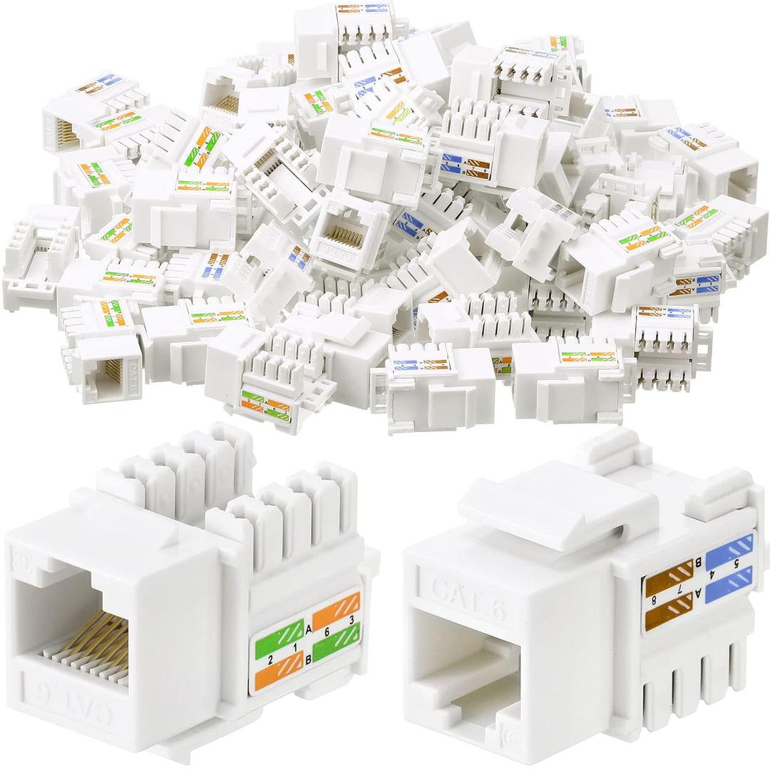 Hoteam 100 Pcs Cat6 Keystone Jacks, Rj45 Ethernet Modular Coupler Punch Down Insert, 90-Degree UTP Connector for Wall Plate, Panel and Surface Mount Box (White)