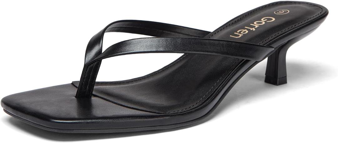 Women's Kitten Heel Sandals Square Toe Slip on Flip Flop Heels 2 Inch Thong Sandals Party Dress Heeled Sandals, 7, Black 