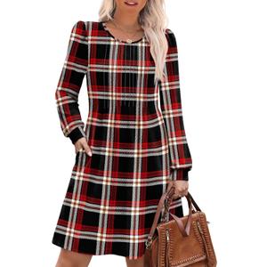 OFEEFAN Long Sleeve Dress for Women Pleated Crew Neck Casual Babydoll Sweater Dress with Pockets Fall Outfits Fashion (Large, Red Black Plaid)