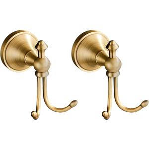 2 Pack Vintage Brass Wall Hooks, Bathroom Accessories, Antique Brass Horn Shape Curved Towel Hooks, Double Brass Towel Hook for Bathroom & Bedroom