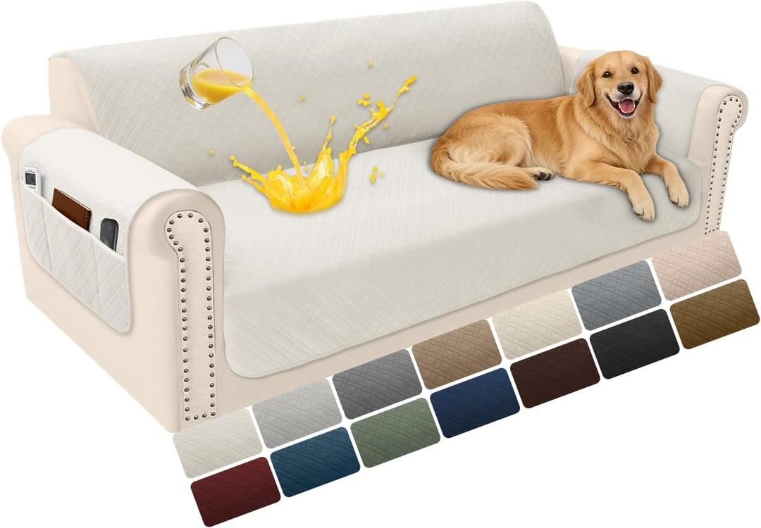 Velvet 100% Waterproof Couch Cover for Dogs Washable Sofa Covers for 3 Cushion Couch Pet Friendly Sofa Slipcovers Set Non Slip Quilted Furniture Protector with Pockets (Large, Cream White)