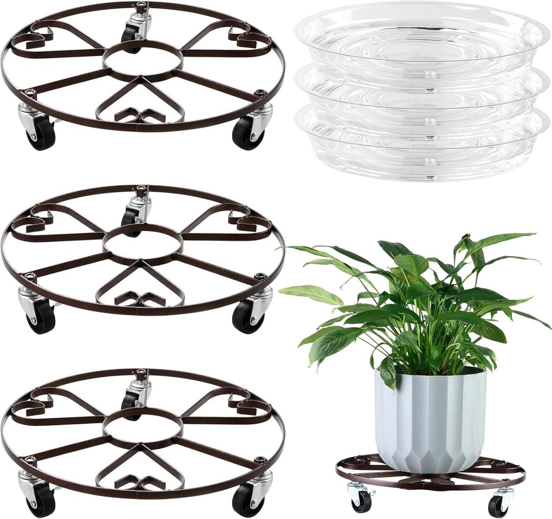 3-Pack 13" Metal Rolling Plant Stand With Wheels for Indoor Outdoor, Heavy Duty Caddy, Iron Dolly With Metal Casters, Heart Style Roller With Clear Saucers, Brown