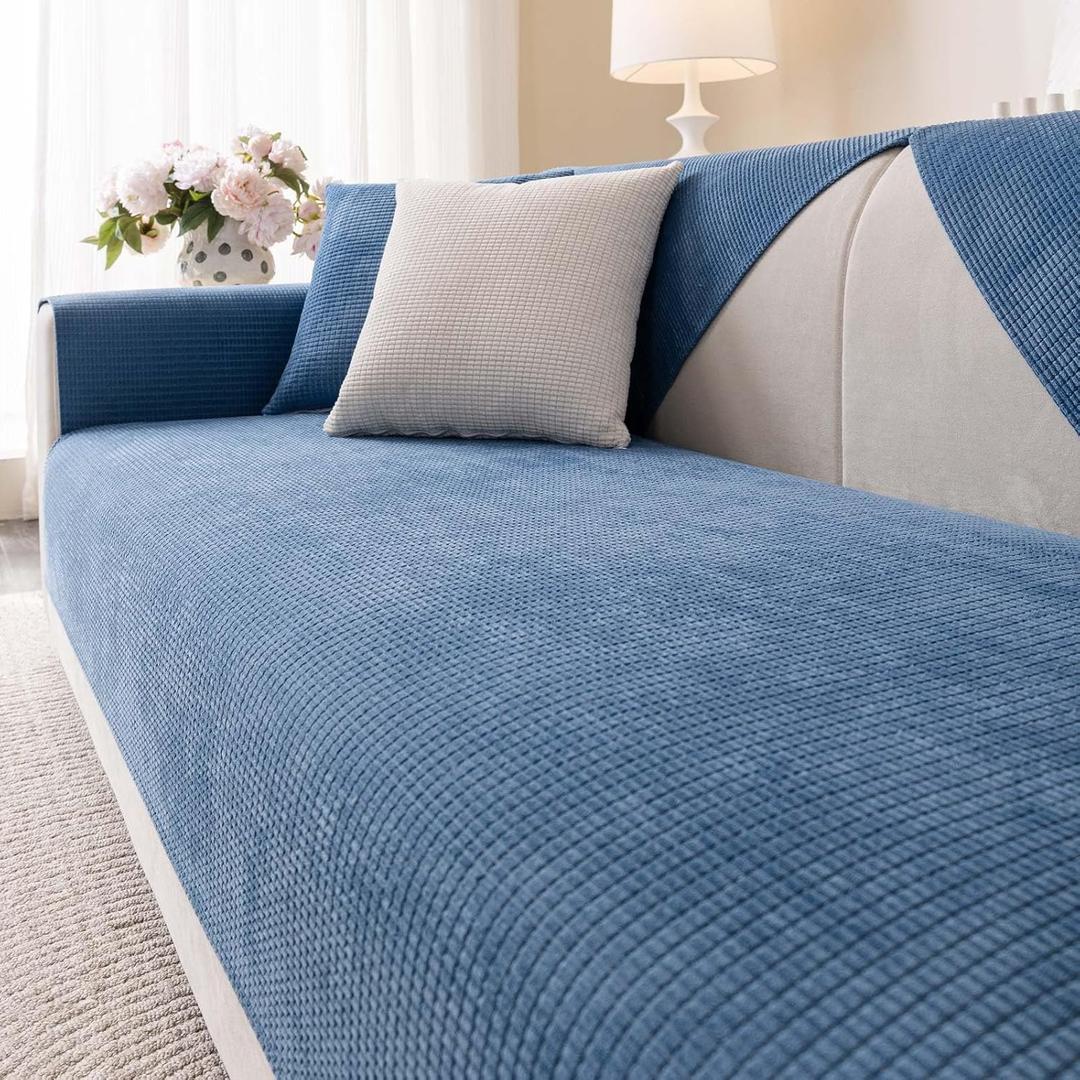 Solid Couch Cover Washable, Non Slip Sectional Sofa Covers for 3 Cushion Couch Sofa L Sharped Sofa Slipcover for Pets, Furniture Protector (1 PCS 36"x36" Blue)