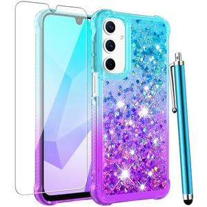 CAIYUNL for Samsung Galaxy A56 5G Case with Screen Protector, Glitter Bling Liquid Floating Cute Women Girls Phone Case Slim TPU Soft Shockproof Protective Cover for Samsung Galaxy A56 5G-Blue Purple
