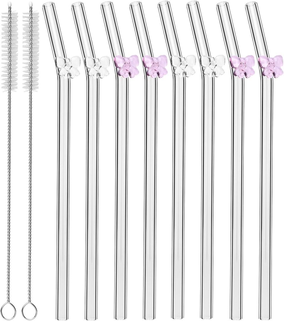 8 Pcs Reusable Glass Straws with Cleaning Brushes Pink Bow Glass Straws Shatter Resistant Straw Coquette Party Decor Bow Party Pretty Bachelorette Decor Bridal Engagement Drinkware (Pink, Clear)
