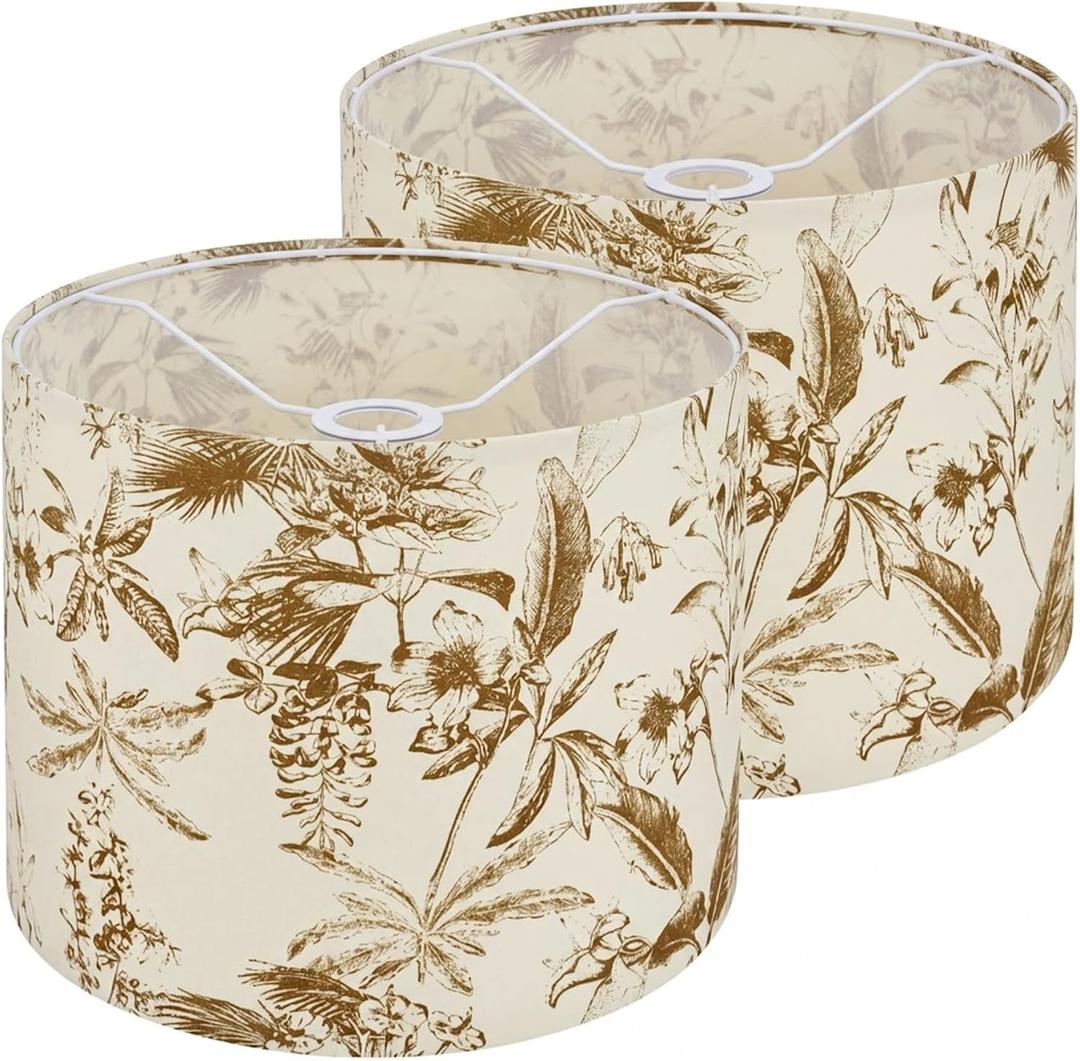 Floral Drum lampshade Set of 2, Cotton Lamp Shade Lamp Shades Replacement for Table and Floor Lamps, 8.7" Top x 8.7" Bottom x 7.9" High Lamp Shade (Sketch Leaves)