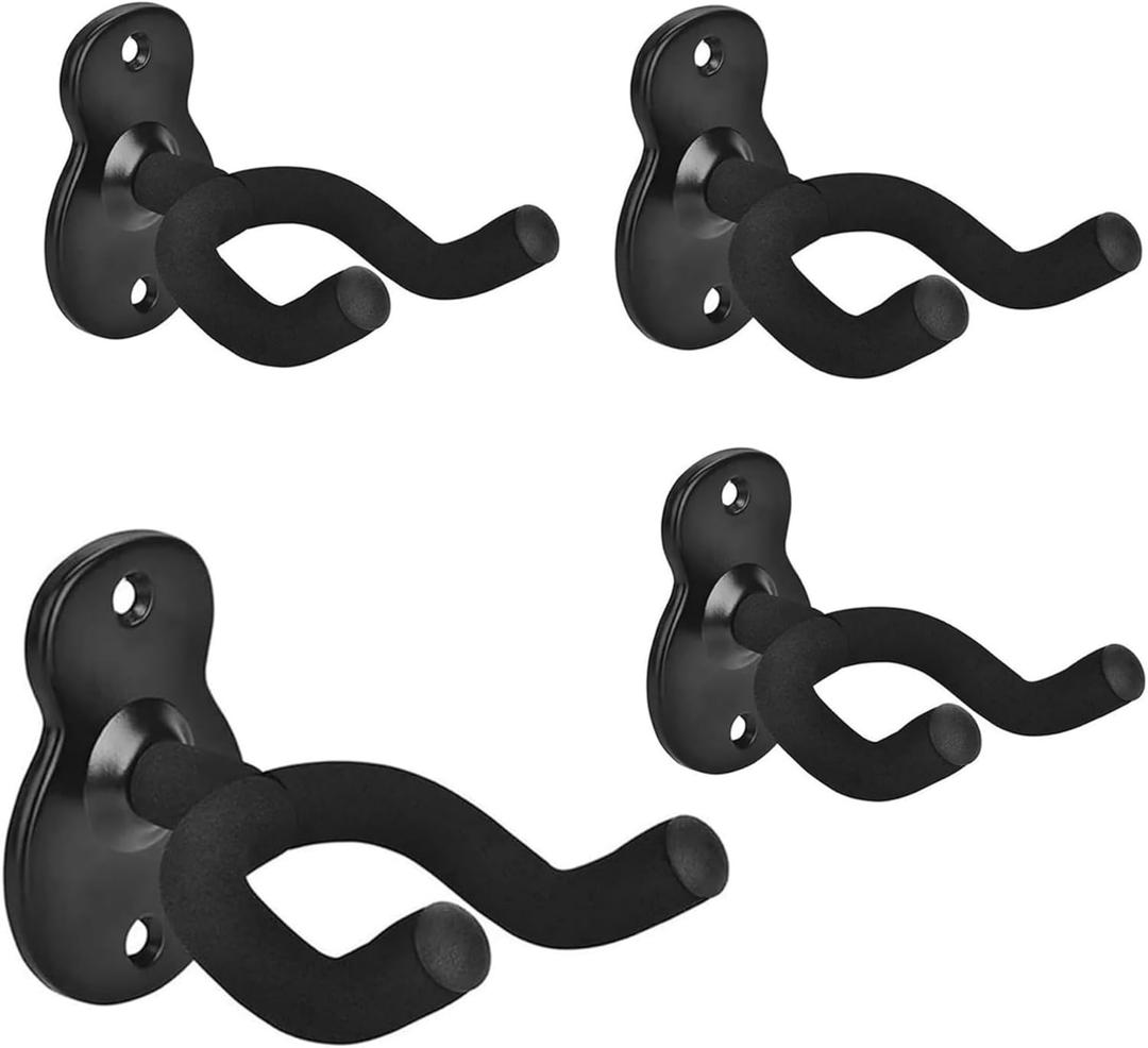 Guitar Wall Mount Hanger Metal 4 Pack, Guitar Wall Hangers Hooks Holder Stand Display with Screws - Easy to Install - Fits Guitars, Bass, Mandolin, Banjo