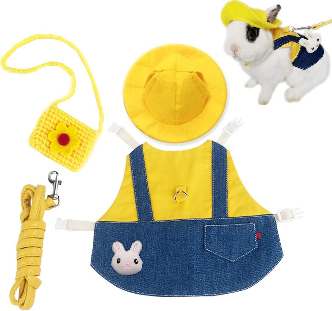 Guinea Pig Clothes,Soft Bunny Ferret Clothes with Pet Rabbit Harness and Leash Mini Hat Bag Cute Brooch for Kitten Small Animal Collars (Medium, ADenimYellow)