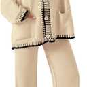 PRETTYGARDEN Women's 2 Piece Outfits Knit Matching Lounge Sets Long Sleeve V Neck Cardigan Sweaters Wide Leg Pants Tracksuits (Large, Beige)