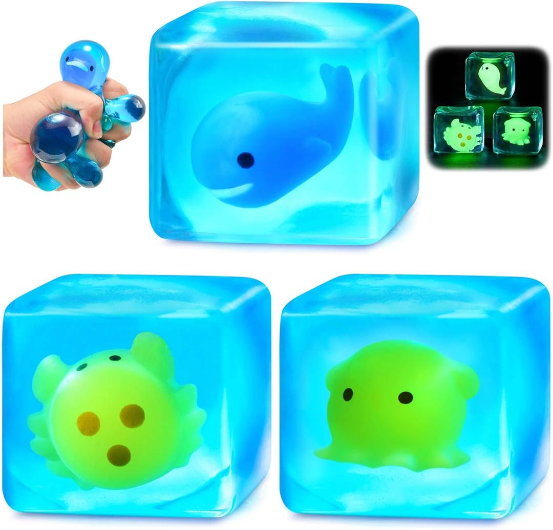 Squishy Stress Cube Fidget Toys Adults - Glow in The Dark Sensory Toys for Kids with Autism Stress Balls for Kids Teens Squeeze Toys for Anxiety Easter Basket Stuffers