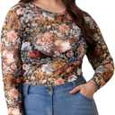 WDIRARA Women's Plus Size Floral Print Sheer Mesh Top Round Neck Long Sleeve Blouse (3X-Large Plus, Multicolor)