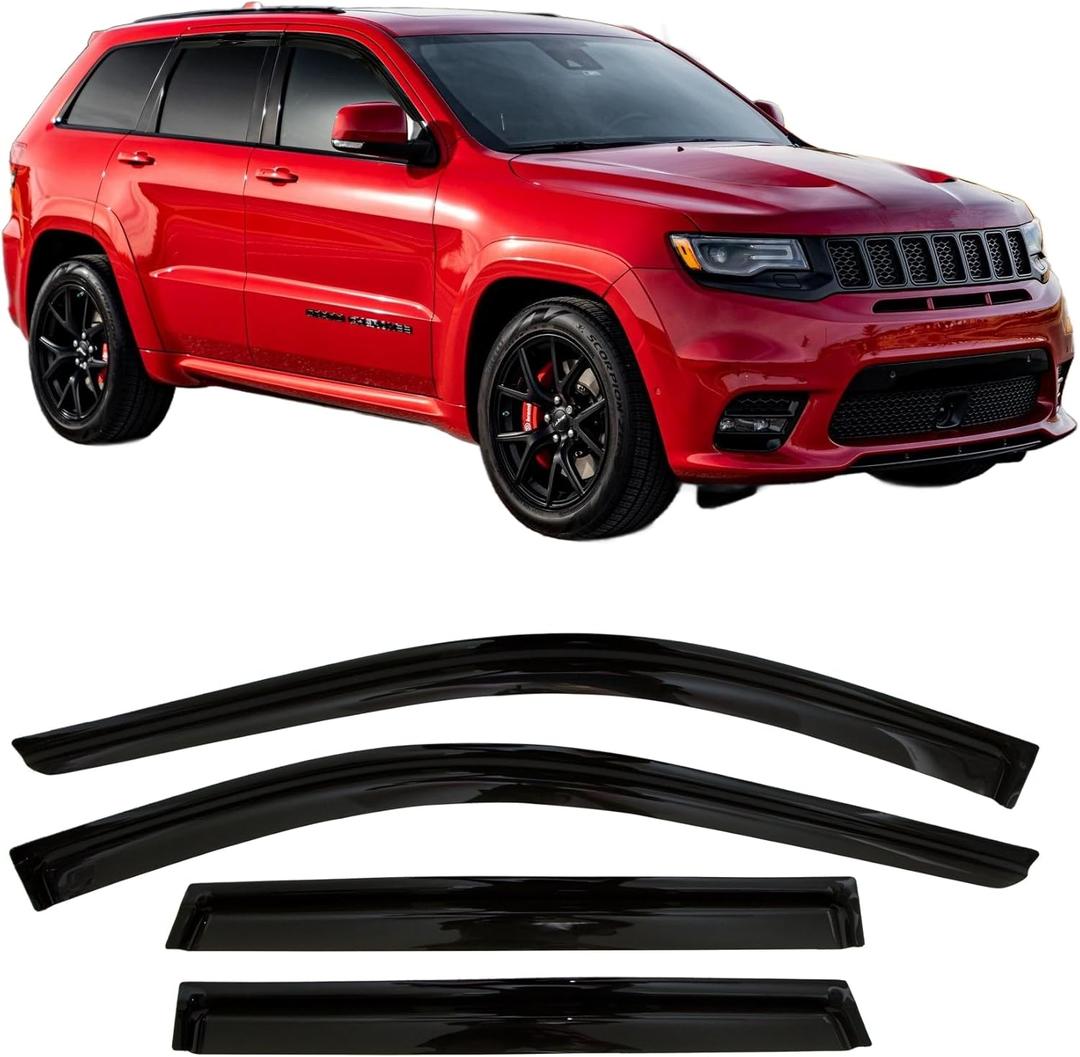 2011-2021 Tape-On Side Window Visor Deflectors for Jeep Grand Cherokee Dark Tinted Rain Guards 2012 2013 2014 2015 2016 2017 2018 2019 2020