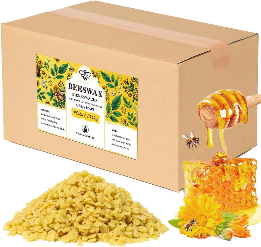 Beeswax pellets 40LB, VEGISHINE Pure Beeswax for Skin, Natural Yellow Beeswax for Candle Making, DIY Skin Care, Lip Balm, Polishing, Lotion, Soap, Candle Making Supplies