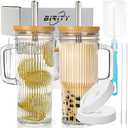 Birity 24oz Ribbed Glass Cup with Lids and Straws,2Pack Glass Tumbler with Handle,Reusable lced Coffee Cups with lids-Glass Cups with Lids,Mason Jar Cup for Smoothie,Coffee,Juice,Water,Tea,Travel Mug