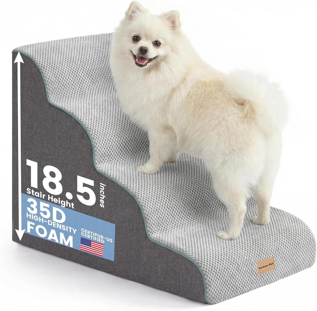 Gardner Pet 4-Step Dog Stairs for Small Dogs 18.5" H, Curved 4-Step Pet Stairs, Dog Steps for High Bed (18-20 in), Couch with Durable Non-Slip Waterproof Fabric Cover and CertiPUR-US Certified Foam (Grey)
