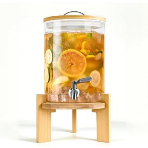 Beverage Dispenser 2.1 Gallon, Glass Drink Dispenser with Stand, Drink Dispensers for Parties, Beverage Dispenser with Wood Stand, Stainless Steel Spigot, for Parties,Bars,Restaurants (2.1 Gallons)